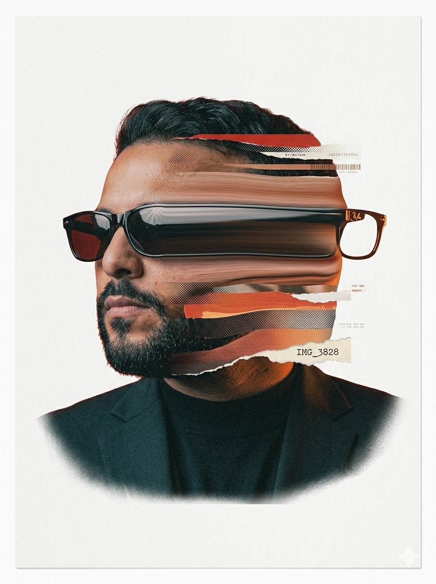 Glitch-distortion portrait generated by Nano Banana Pro — torn-paper collage with halftone and barcode