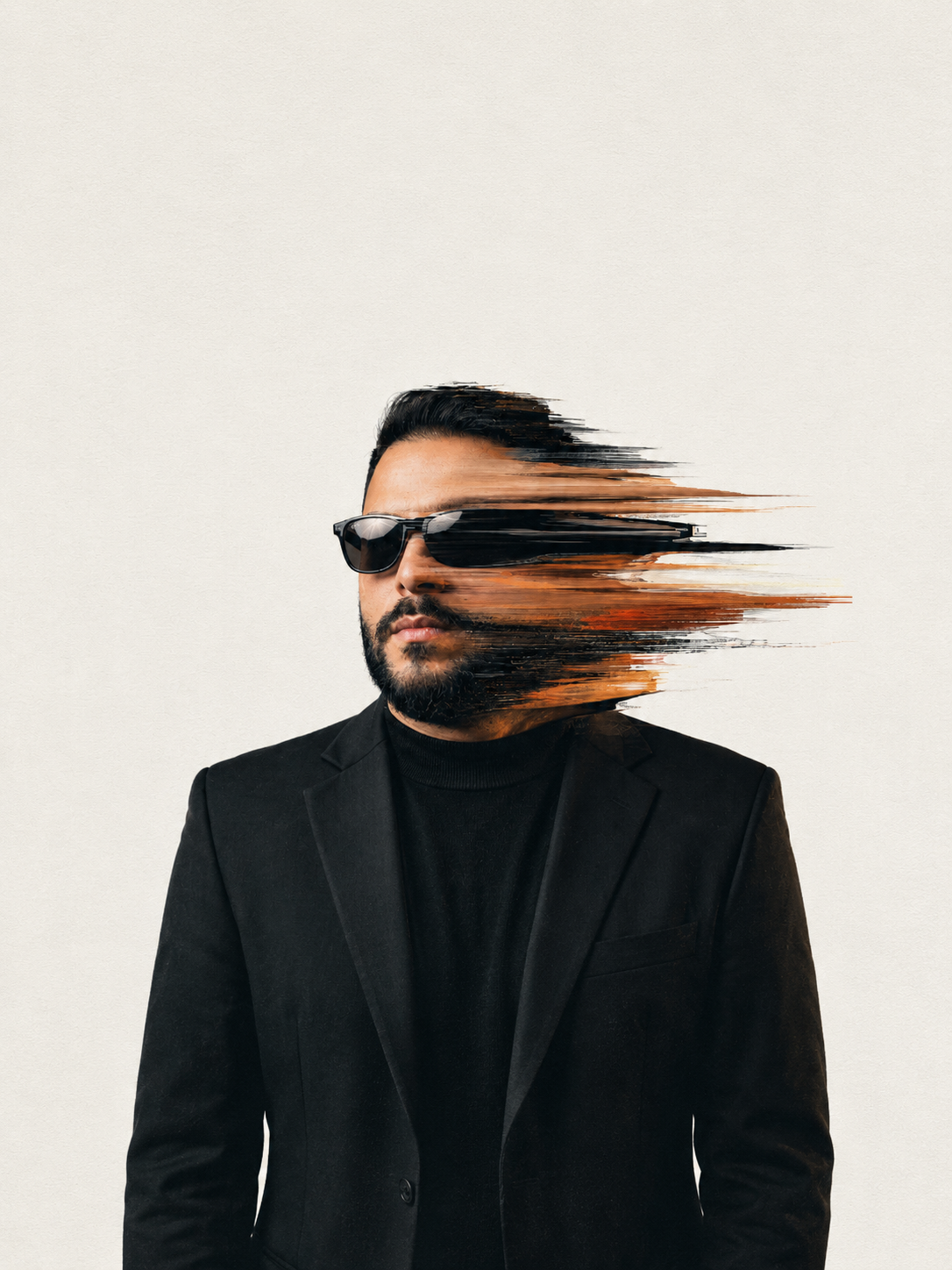 Glitch-distortion portrait generated by GPT Image — painterly orange smear