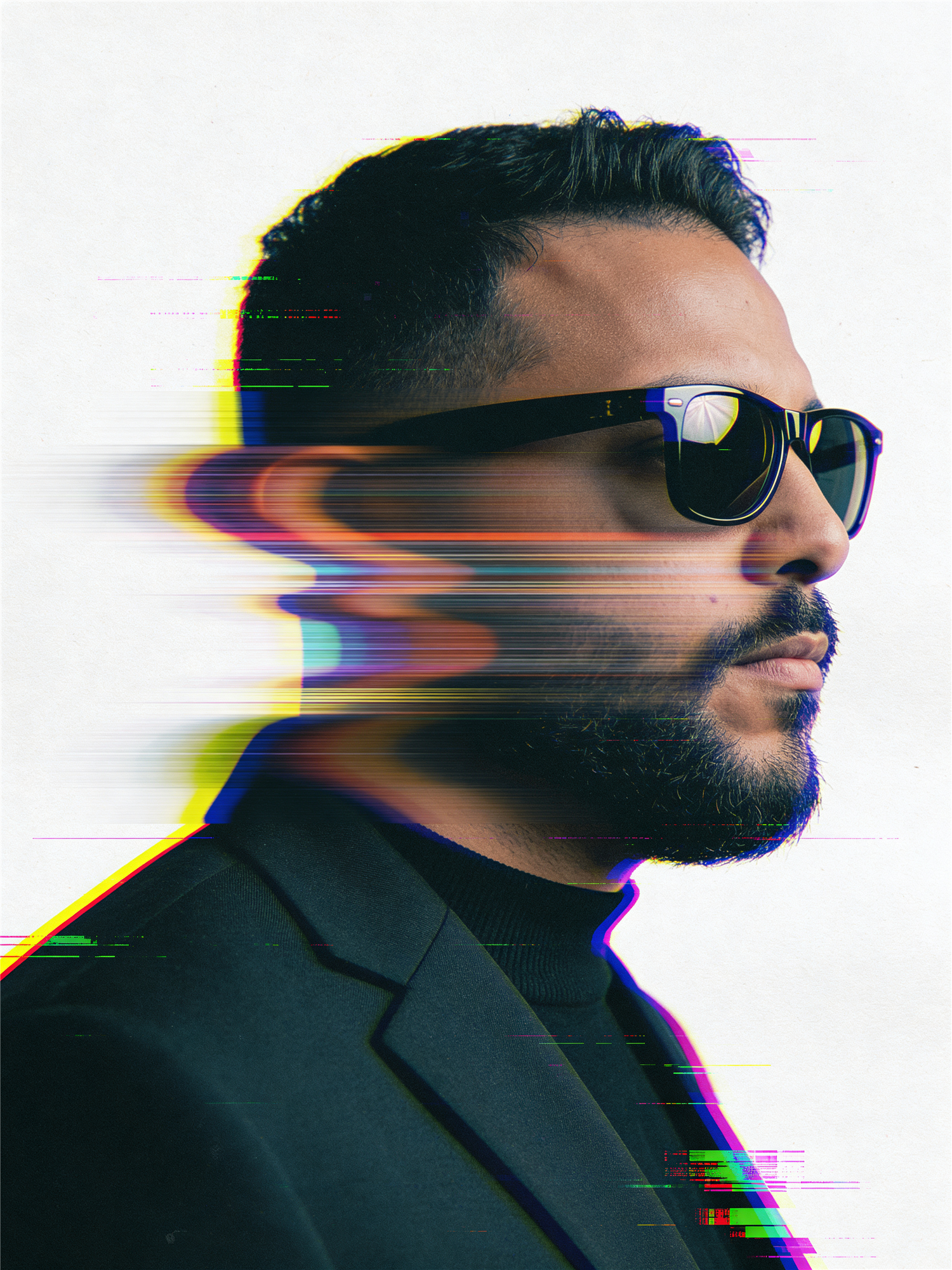 Glitch-distortion portrait generated by Seedream 4.5 — classic RGB-split glitch profile